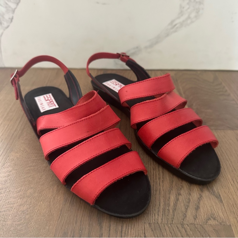 Brand New Esprit Vintage Strappy Leather Slingback Platform Sandal Red Black 10 - Picture 3 of 9